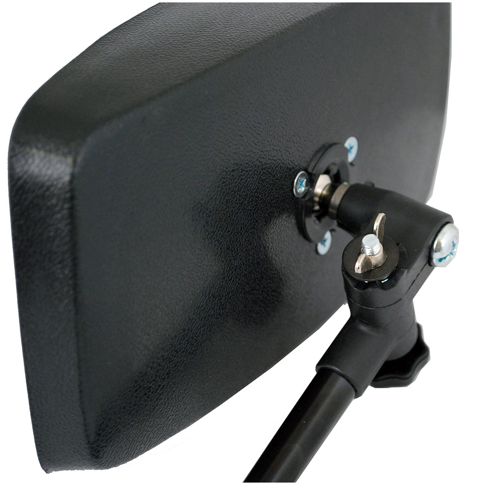 Attwood Marine clamp-on ski mirror with universal mount, featuring a clear reflective surface and adjustable design for boat use.