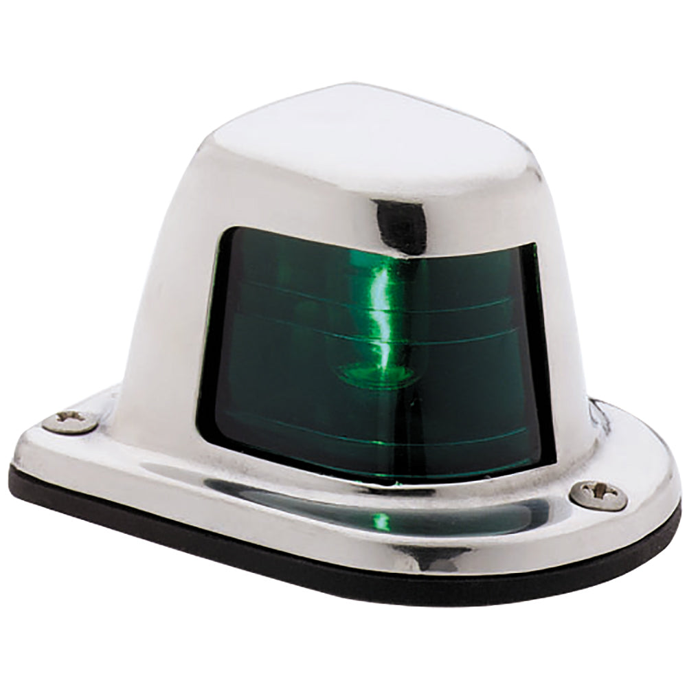 Attwood 1-Mile Green Sidelight for boats, 12V stainless steel deck mount navigation light, marine safety and visibility.