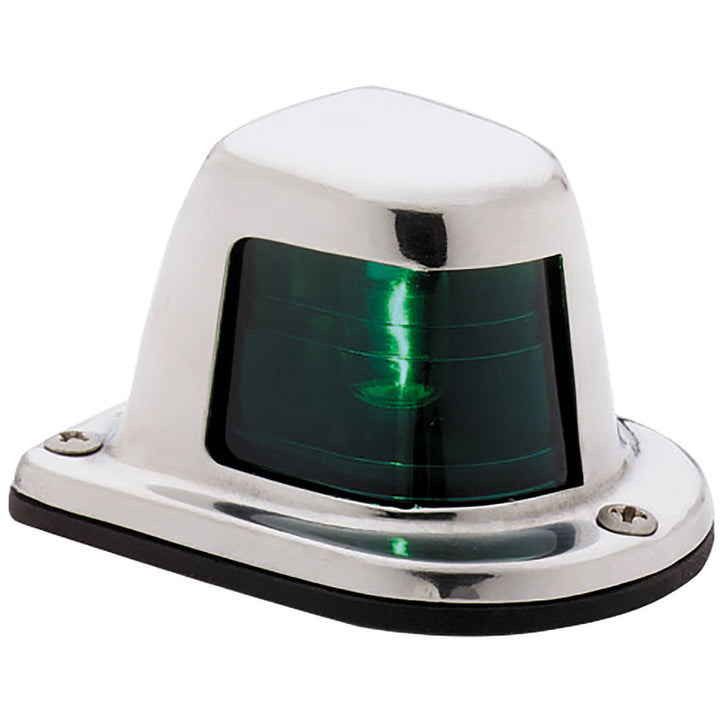 Attwood 1-Mile Green Sidelight for boats, 12V stainless steel deck mount navigation light, marine safety and visibility.