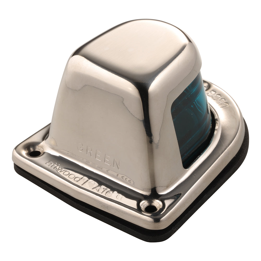 Attwood Marine 1-Mile Green Sidelight for boats, stainless steel housing, 12V navigation light, deck mount design.