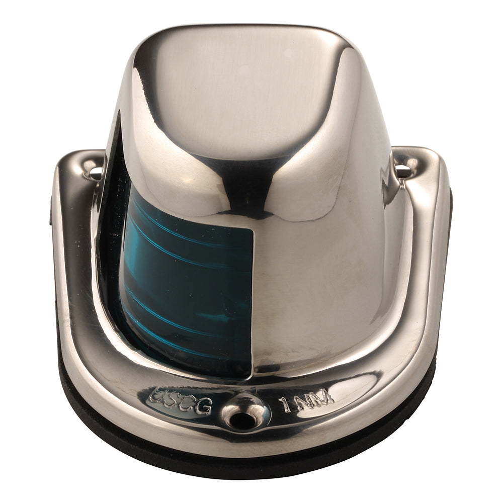 Attwood Marine 1-Mile Deck Mount Green Sidelight with stainless steel housing, 12V navigation light for boats.