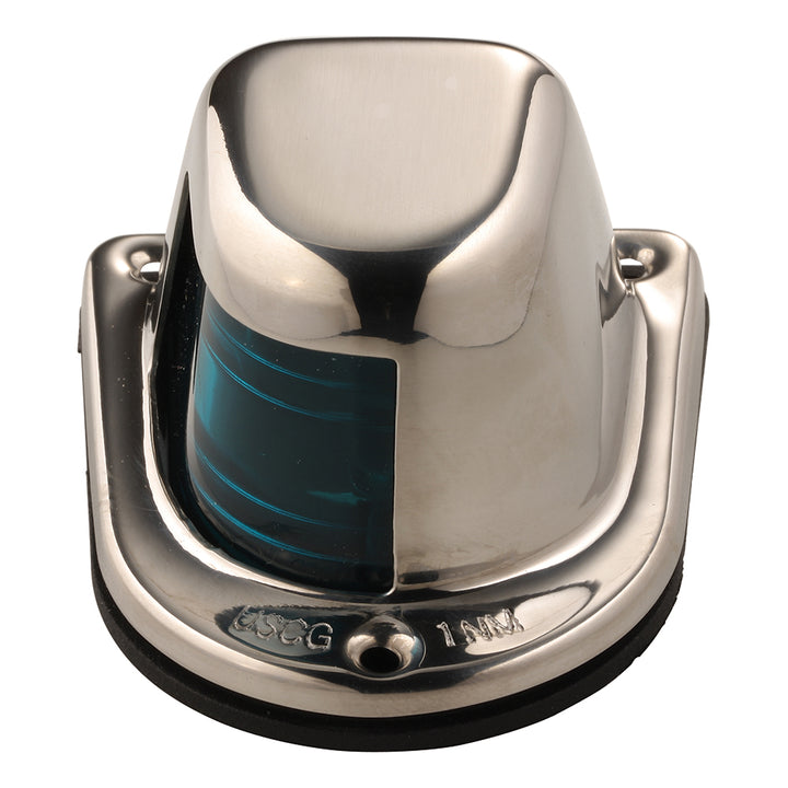 Attwood Marine 1-Mile Deck Mount Green Sidelight with stainless steel housing, 12V navigation light for boats.