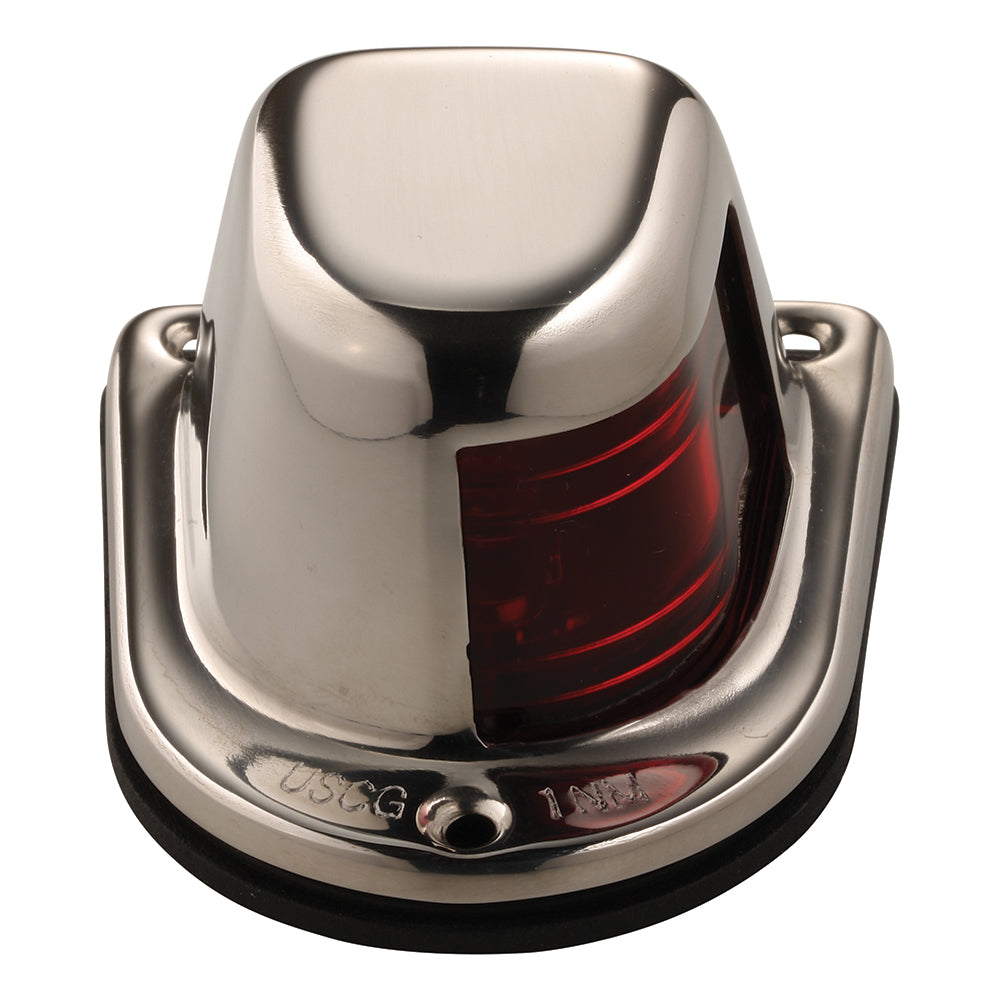 Attwood Marine 1-Mile Deck Mount Red Sidelight for boats, 12V, stainless steel housing, navigation light on a vessel.