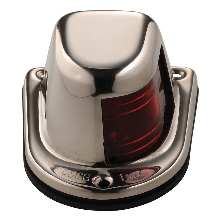 Attwood Marine 1-Mile Deck Mount Red Sidelight for boats, 12V, stainless steel housing, navigation light on a vessel.