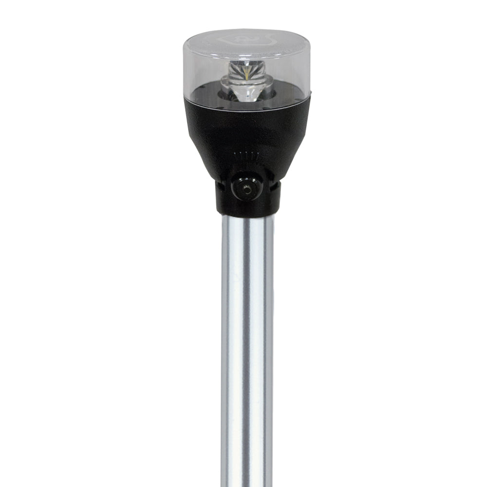 Attwood Marine LED Articulating All Around Light mounted on a 24-inch pole, navigation light for boats, black housing with clear lens.