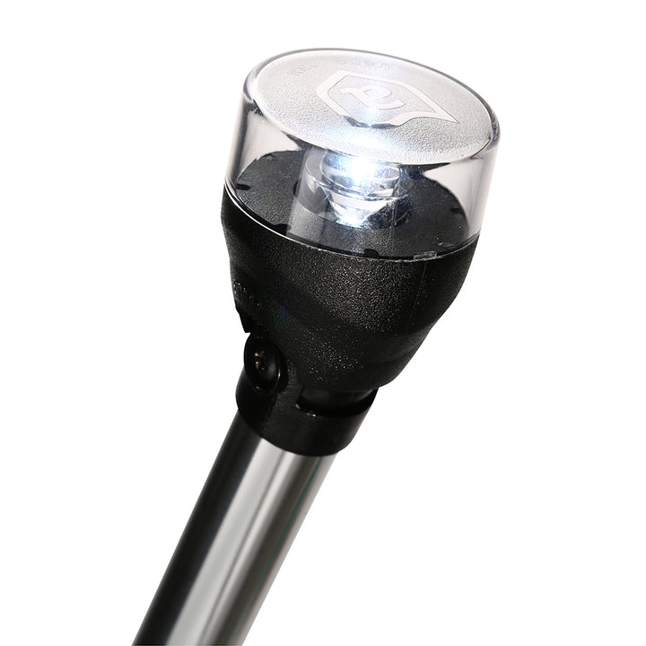 Attwood Marine LED articulating all-around navigation light mounted on a 42-inch pole, designed for boat navigation safety.