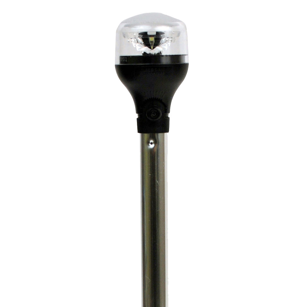 Attwood LightArmor all-around navigation light on 12-inch aluminum pole with black vertical composite base and adapter, marine use.