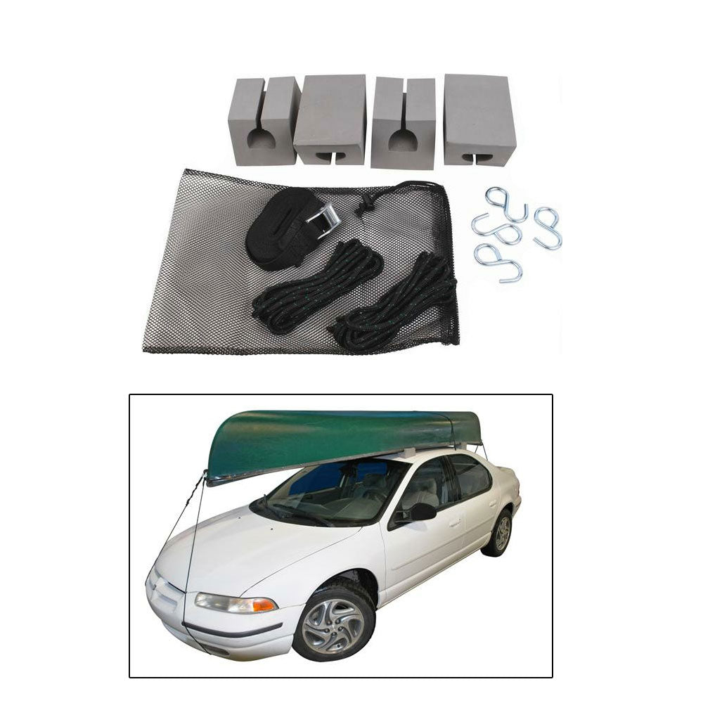 Attwood Marine Canoe Car-Top Carrier Kit on roof rack system, designed for secure canoe transport on vehicle roof.
