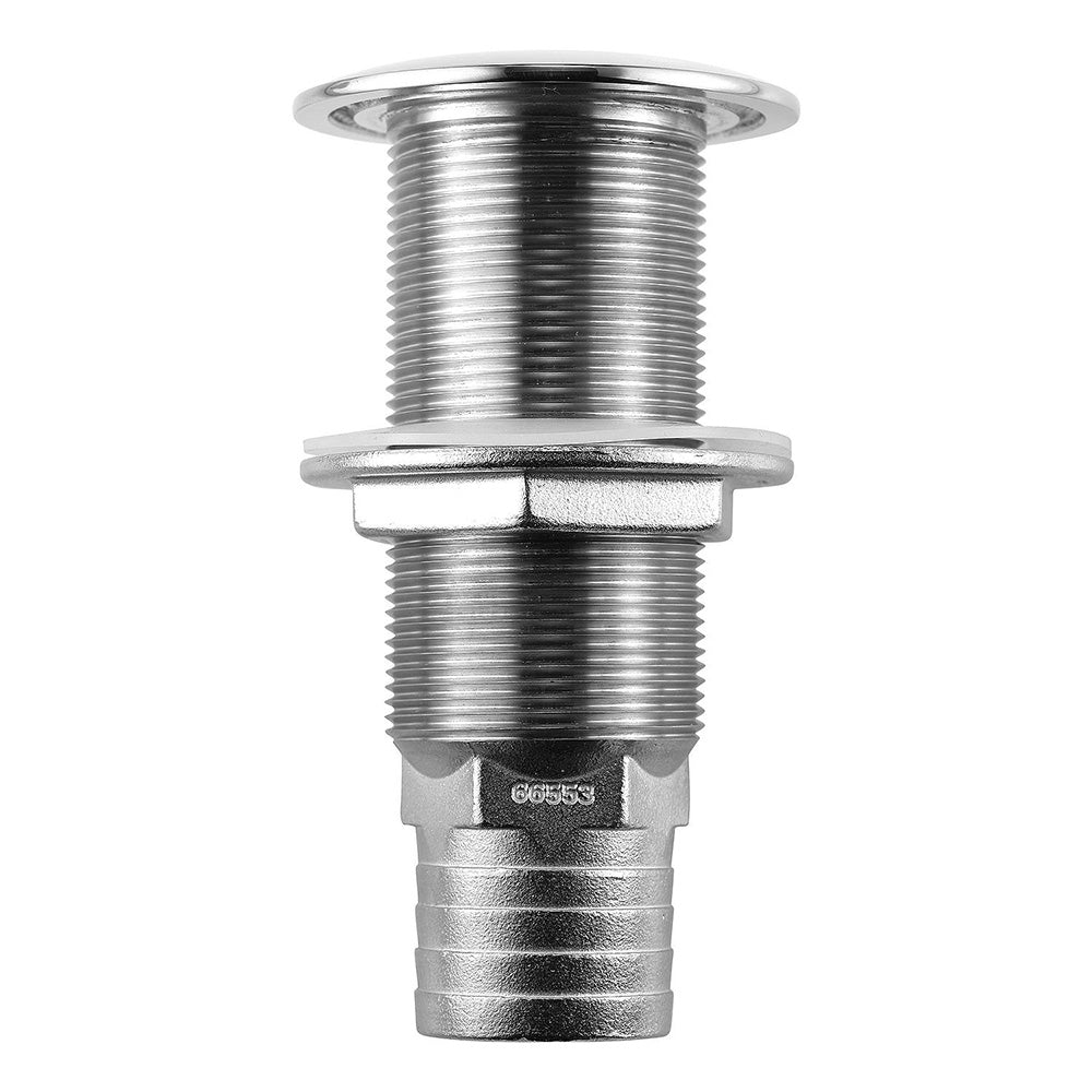 Attwood stainless steel scupper valve with barbed fitting for 1-1/2 inch hose, marine thru-hull fitting for boat drainage.