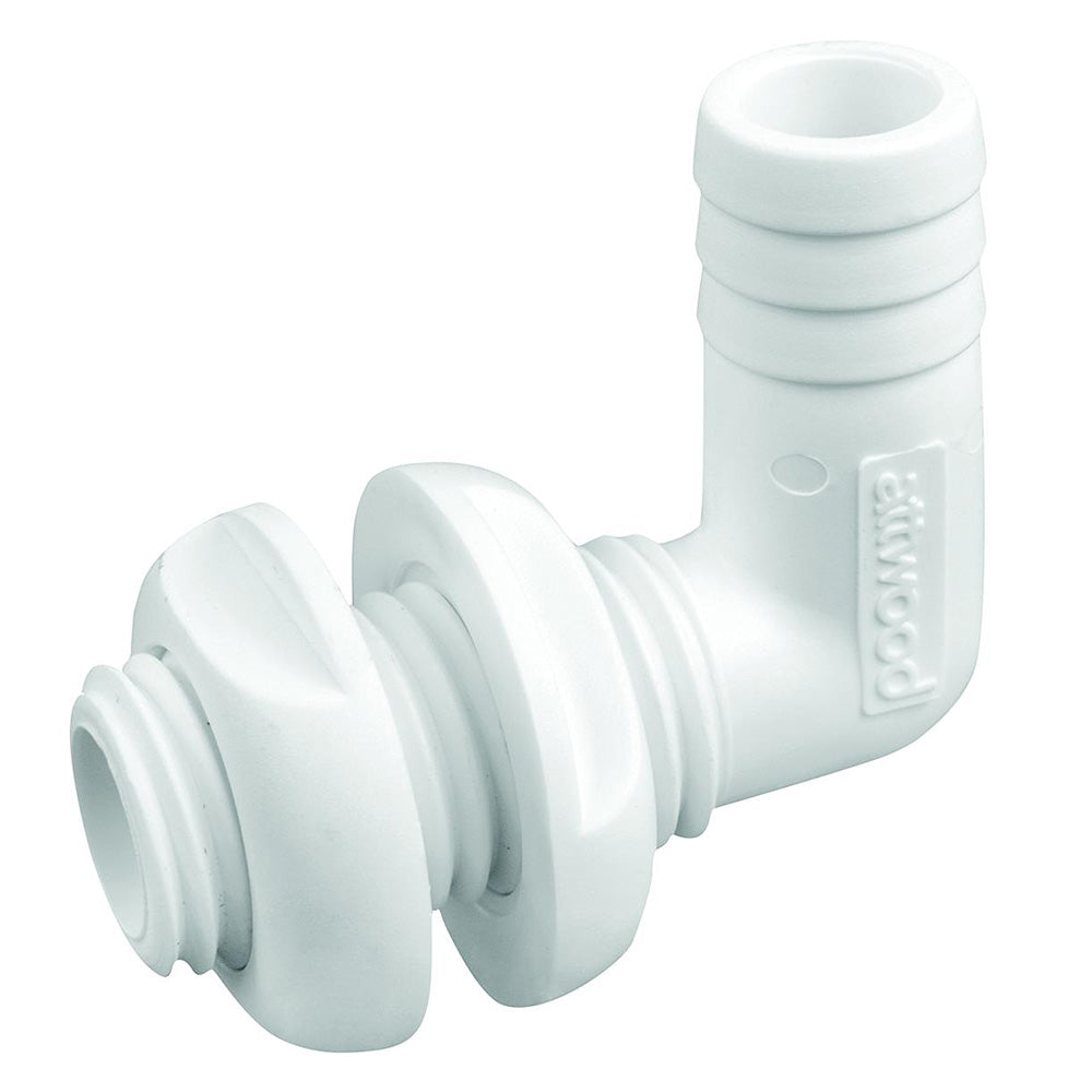 Attwood Marine white plastic 90-degree thru-hull connector for boats, 3/4-inch inner diameter, durable marine fitting.