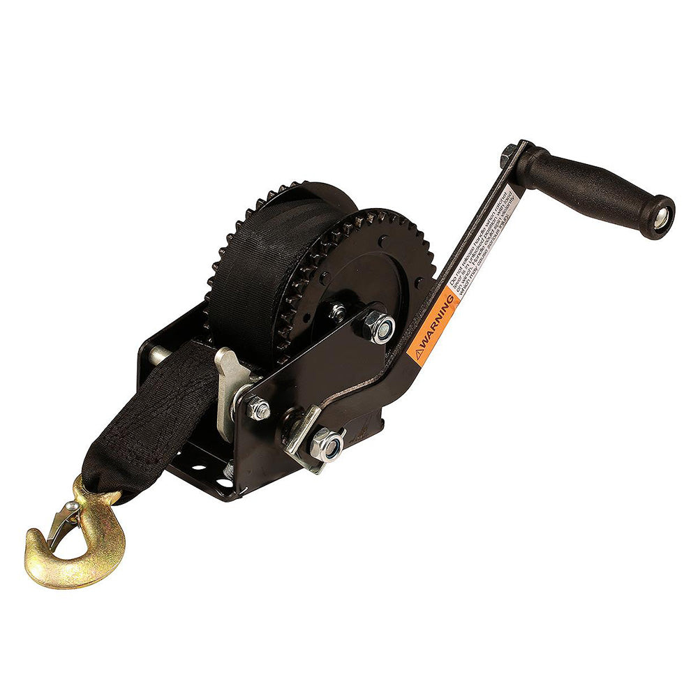 Attwood Marine 2000 lb dual drive trailer winch with 2-inch by 20-foot nylon strap, designed for marine and trailer use.