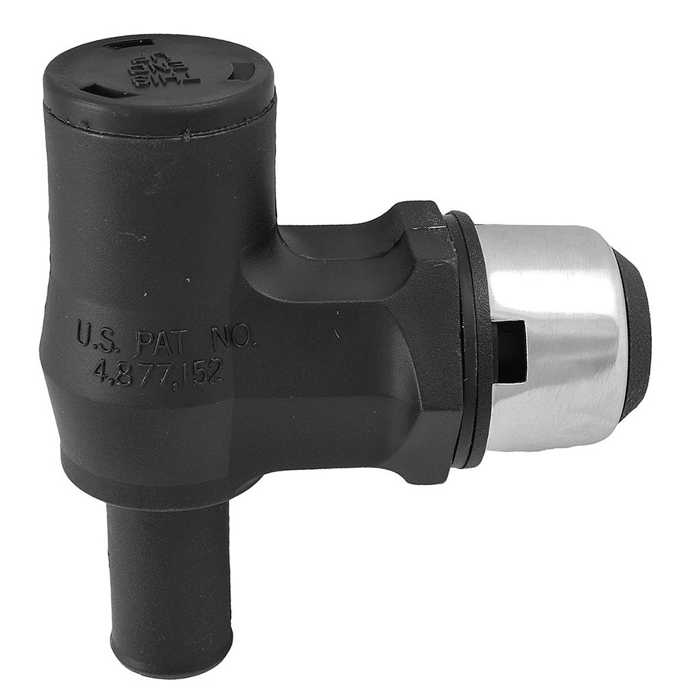 Attwood Marine 90 P-Trap fuel tank vent in black with stainless steel trim cover, designed for boat fuel tank ventilation.