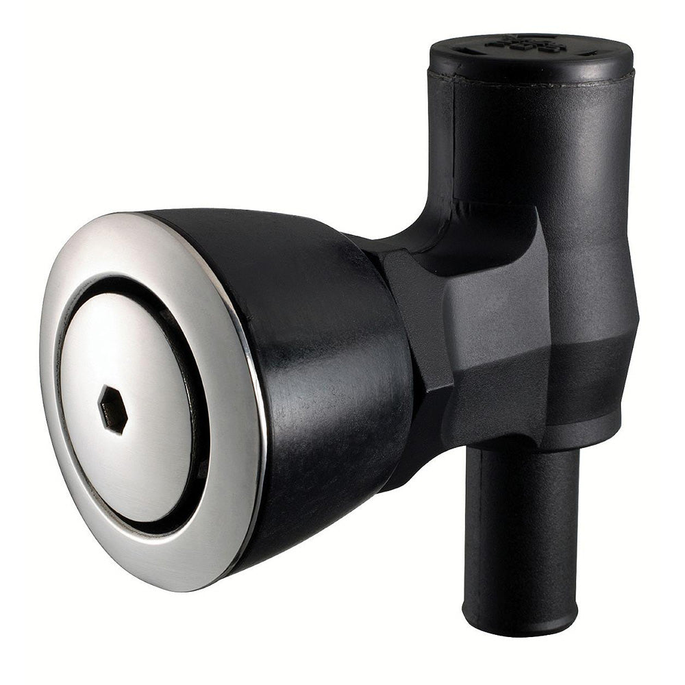 Attwood Marine 90 P-Trap Fuel Tank Vent, flush mount, black with stainless steel vent head, designed for marine fuel tanks.