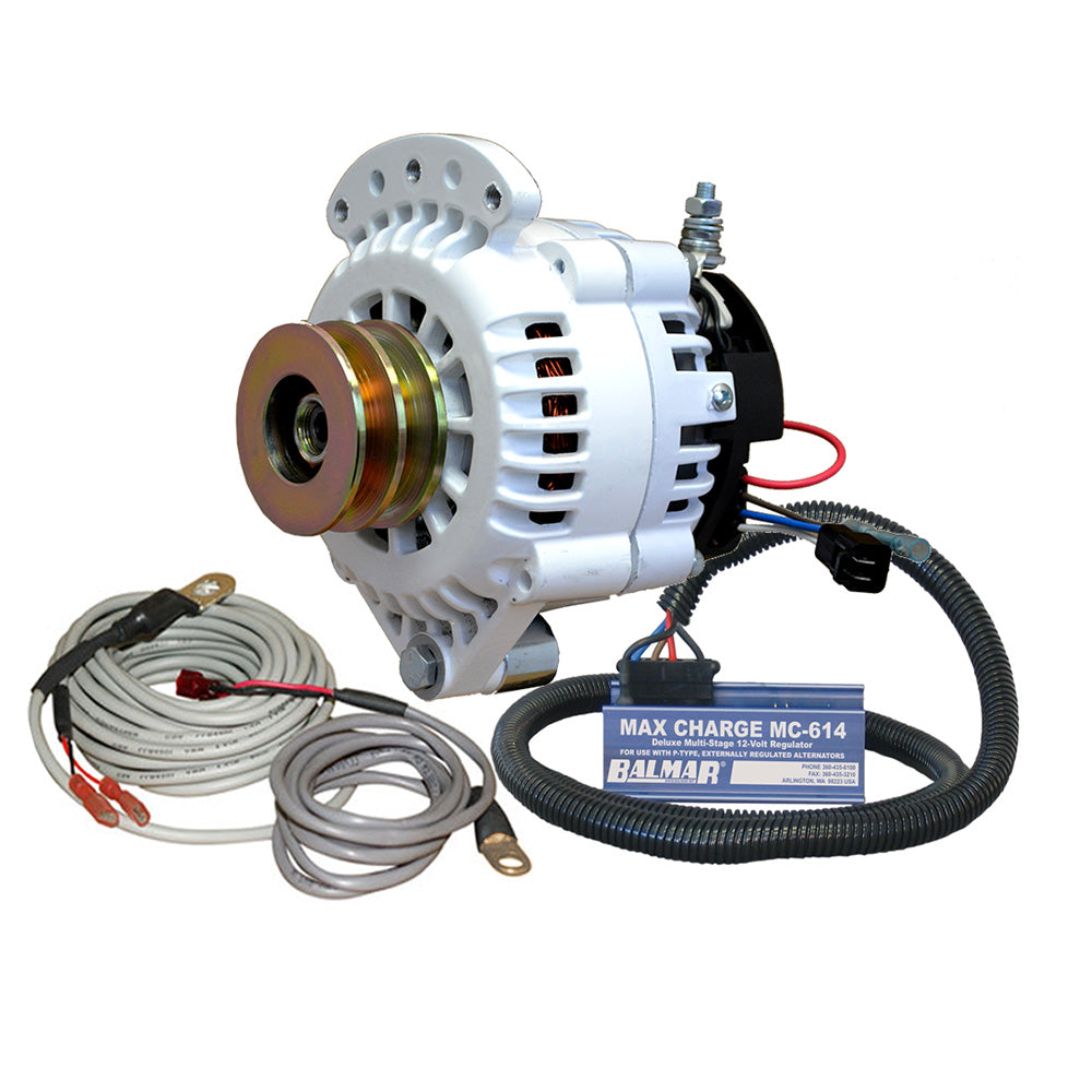 Balmar 100 AMP 12V alternator kit with spindle mount, dual vee pulley, regulator, and temp sensor for marine or automotive use.