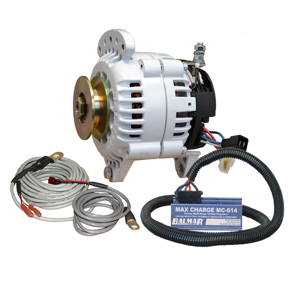 Balmar 100 Amp 12V alternator kit with dual foot saddle, single vee pulley, regulator, and temperature sensor for marine or RV use.
