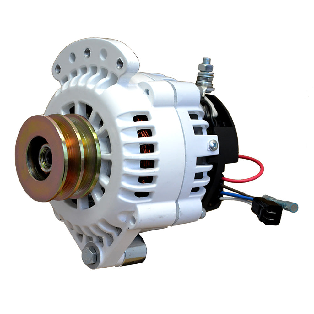 Balmar 120 AMP 12V alternator with single foot spindle mount, dual Vee pulley, and isolated ground for marine or automotive use.