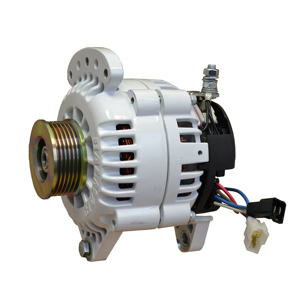 Balmar 120 Amp 12V alternator with dual foot saddle, K6 pulley, and isolated grounding, designed for marine or automotive use.