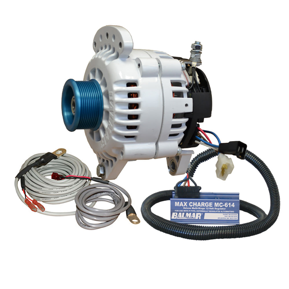 Balmar 120 AMP alternator kit with 120V output, dual foot saddle, J10 pulley, regulator, and temperature sensor for marine use.