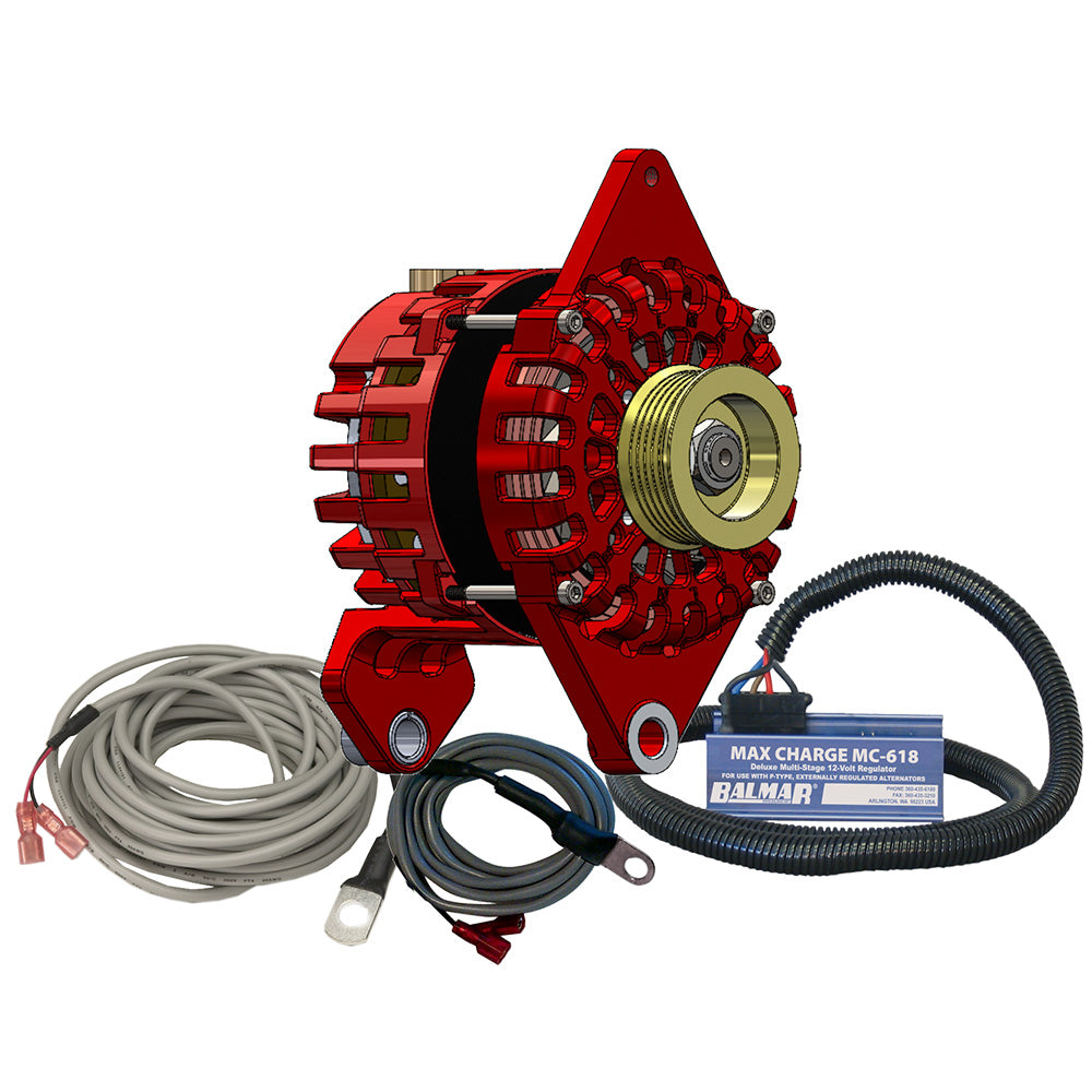 Balmar 170 AMP 12V alternator kit with dual foot saddle mount, K6 pulley, regulator, and temperature sensor.