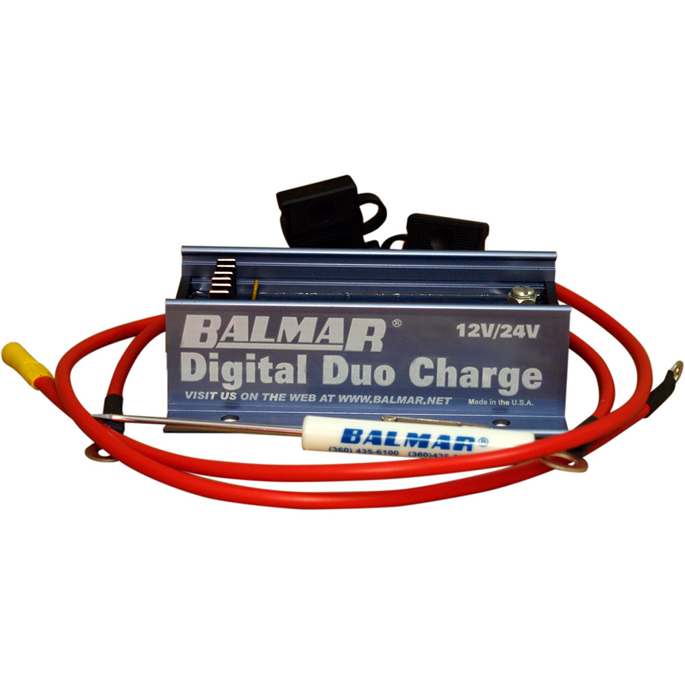Balmar Digital Duo Charge alternator for 12V and 24V systems, shown with digital control panel and wiring connections.
