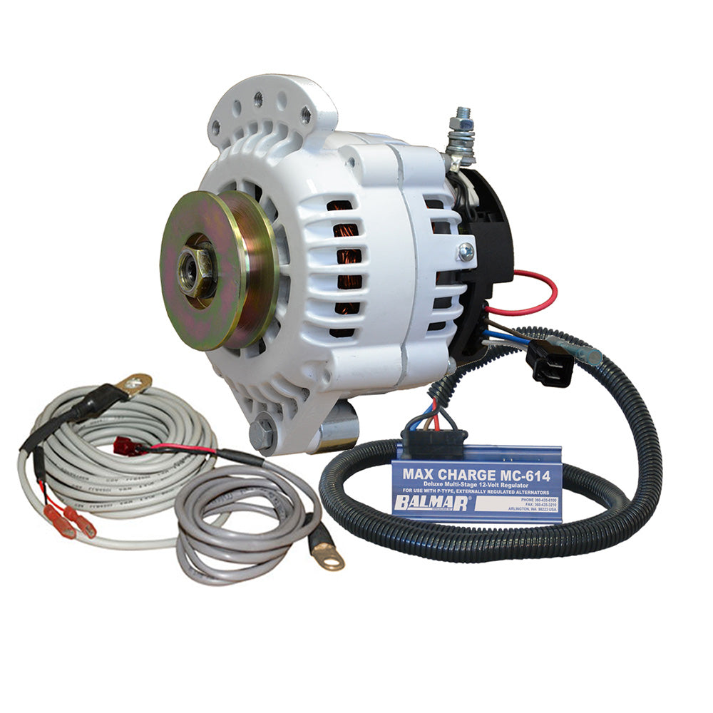 Balmar Kit 621 Series 100A single FT alternator with MC regulator and T sensor, designed for marine or RV applications.