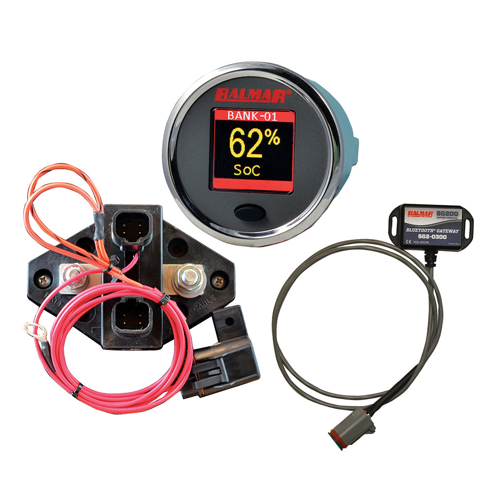 Balmar SG210 Battery Monitor Kit with display, shunt, and gateway showing digital readings on a marine battery monitoring system.