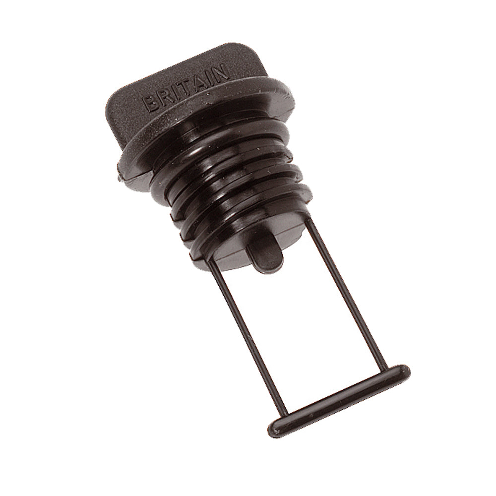 Black Barton Marine drain plug, 15mm (19/32 inch) hardware component with a durable design for marine applications.