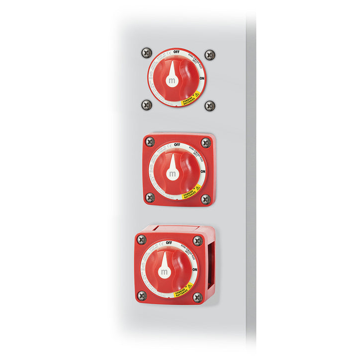 Blue Sea Systems 6011 M-Series Mini Battery Switch for dual circuit management, shown with black and red control handles.