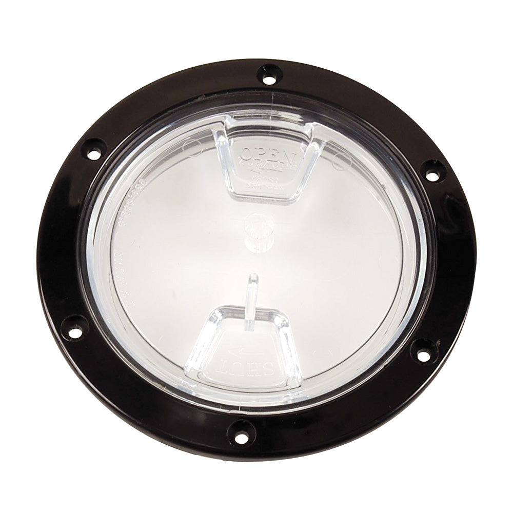 Beckson Marine 4-inch black clear center screw-out deck plate for boat deck access, made of durable plastic.