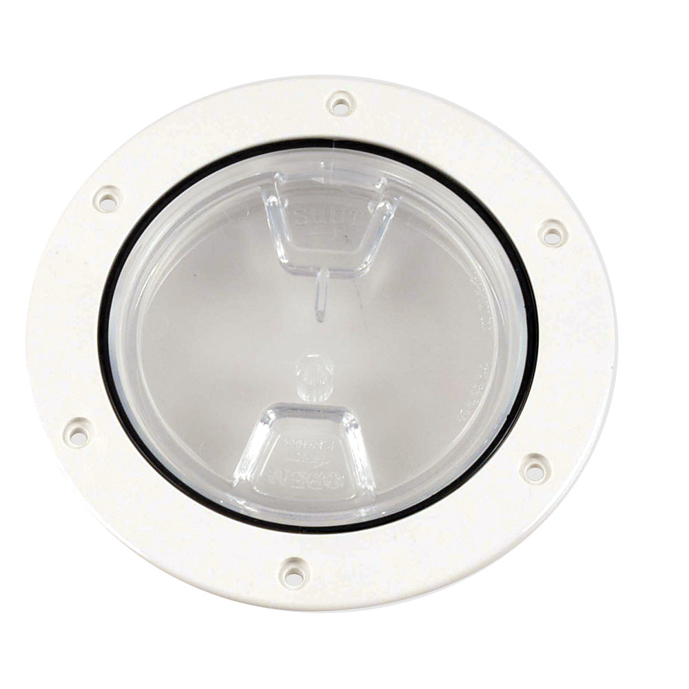 Beckson Marine 4-inch white clear center screw-out deck plate for boats, showing the plastic cover and screw mechanism.