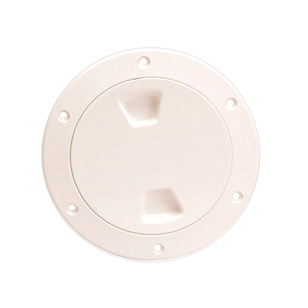 Beckson Marine 4-inch beige smooth center screw-out deck plate for boat hulls, durable marine-grade construction.