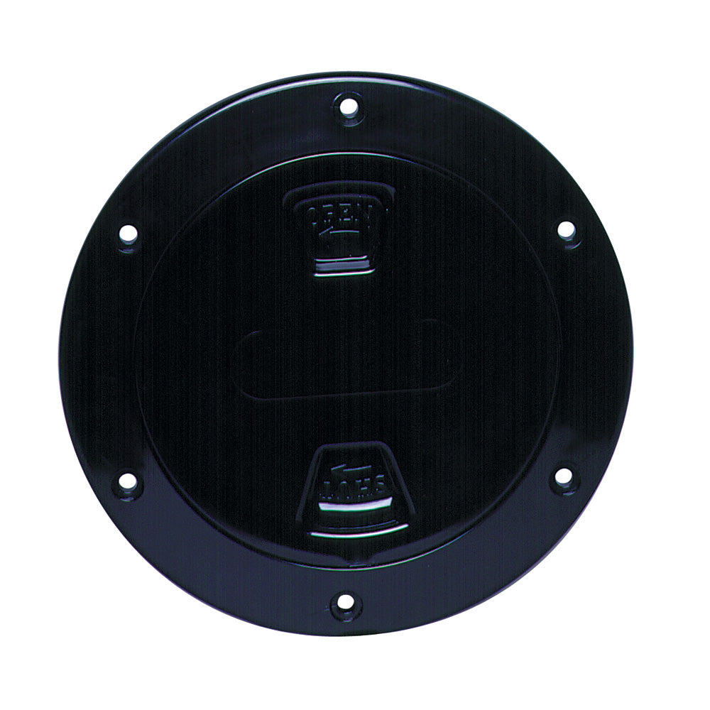 Beckson Marine 4-inch black smooth center screw-out deck plate for boat, made of durable marine-grade material.