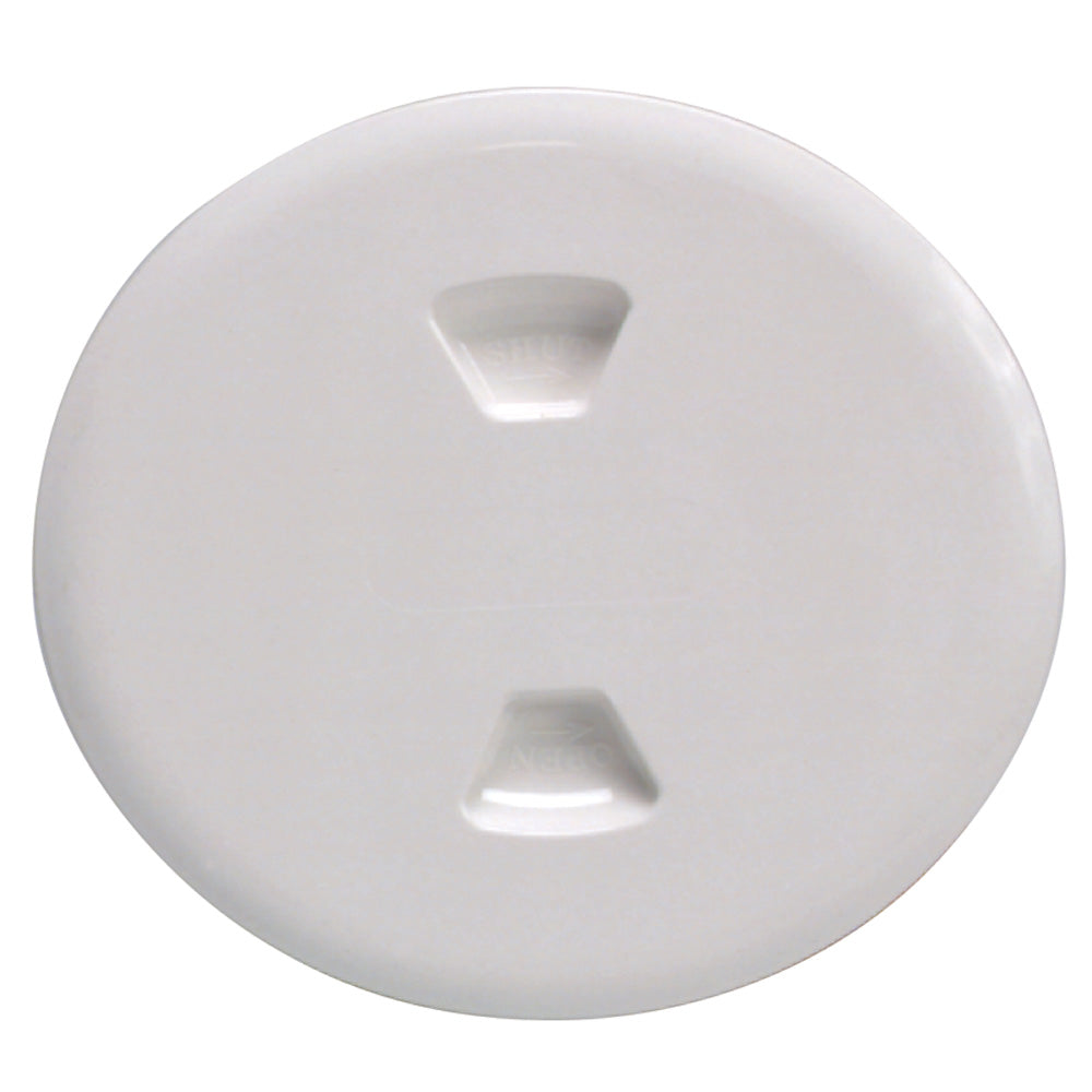 White Beckson Marine 5-inch Twist-Out Deck Plate for boats, showing the circular marine access cover on a vessel&