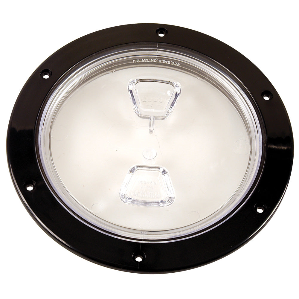 Beckson Marine 6-inch clear center screw-out deck plate in black, designed for marine boat decks and waterproof sealing.