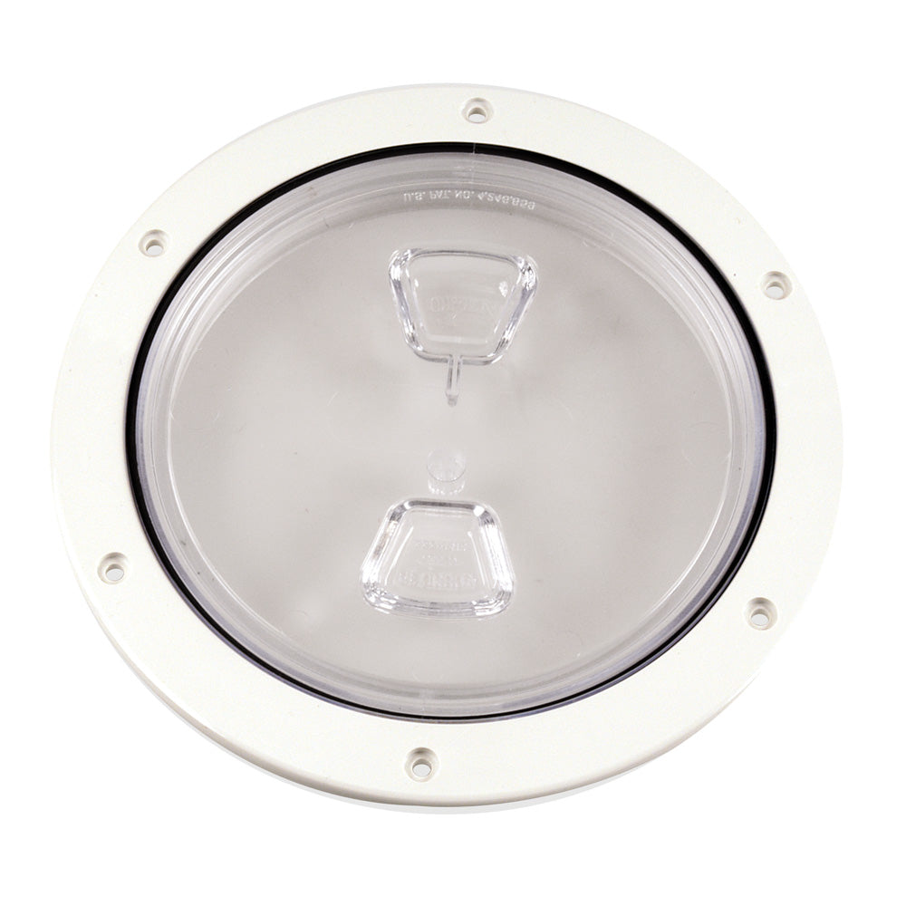Beckson Marine 6-inch clear center screw-out deck plate in white, with visible screw mechanism and durable plastic construction.