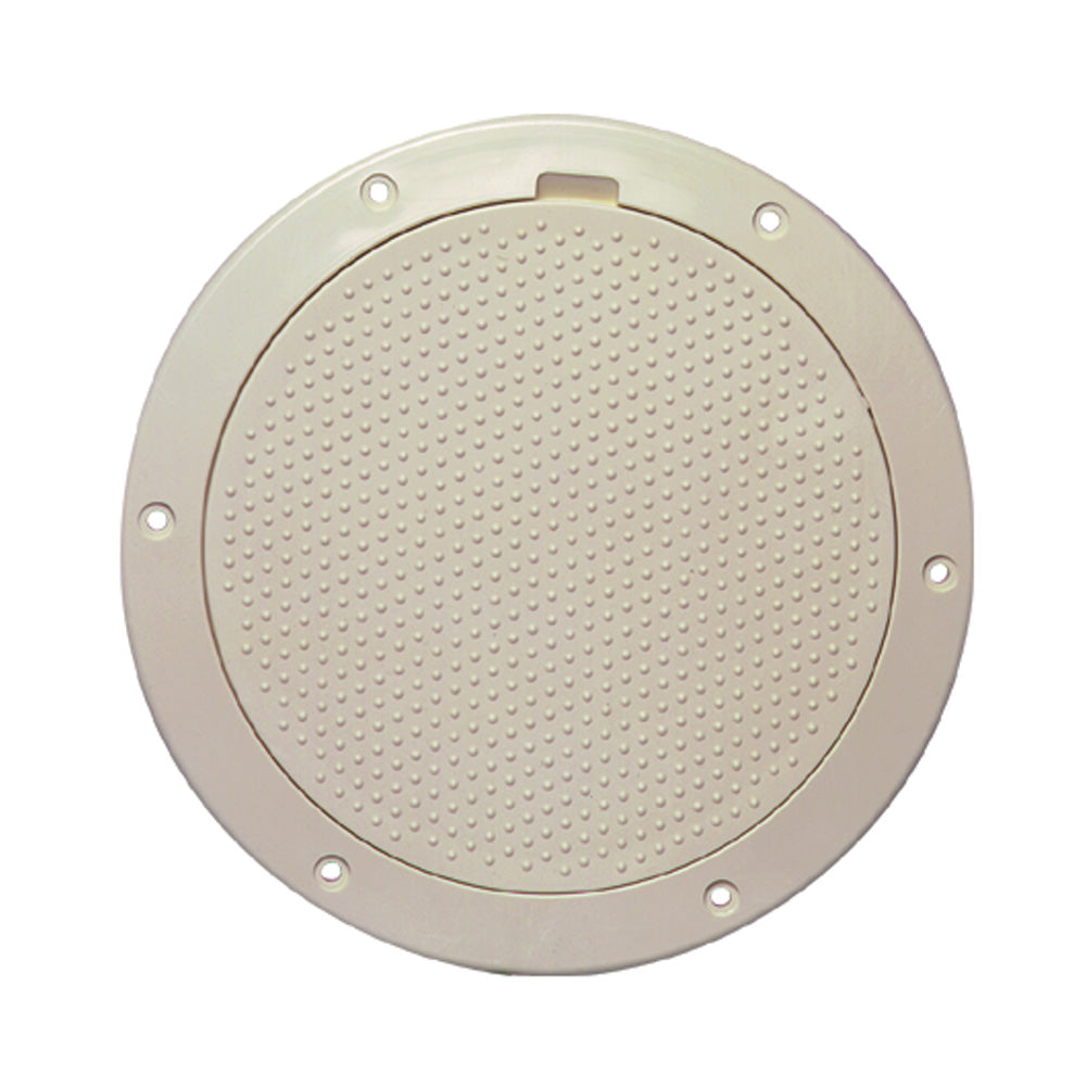 Beckson Marine 6-inch beige non-skid pry-out deck plate for boats, featuring durable construction and easy access design.