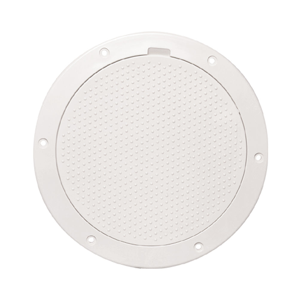 Beckson Marine 6-inch white non-skid pry-out deck plate for boats, showing the secure pry-out lid and durable construction.