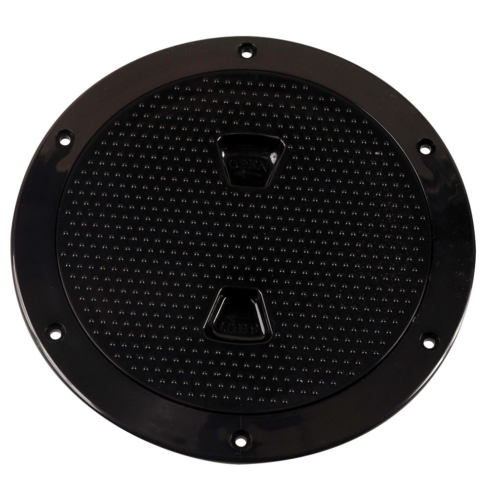 Beckson Marine 6-inch black non-skid screw-out deck plate showing a durable, screw-in marine deck cover on a boat surface.