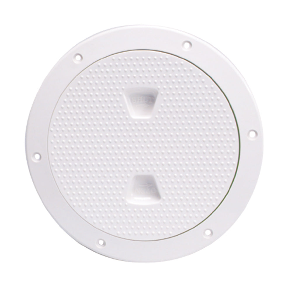 Beckson Marine 6-inch white non-skid screw-out deck plate for marine use, showing textured surface and screw threads.