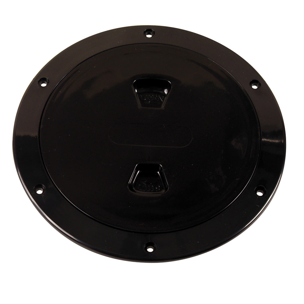 Beckson Marine 6-inch black smooth center screw-out deck plate for boat decks, durable marine-grade plastic.
