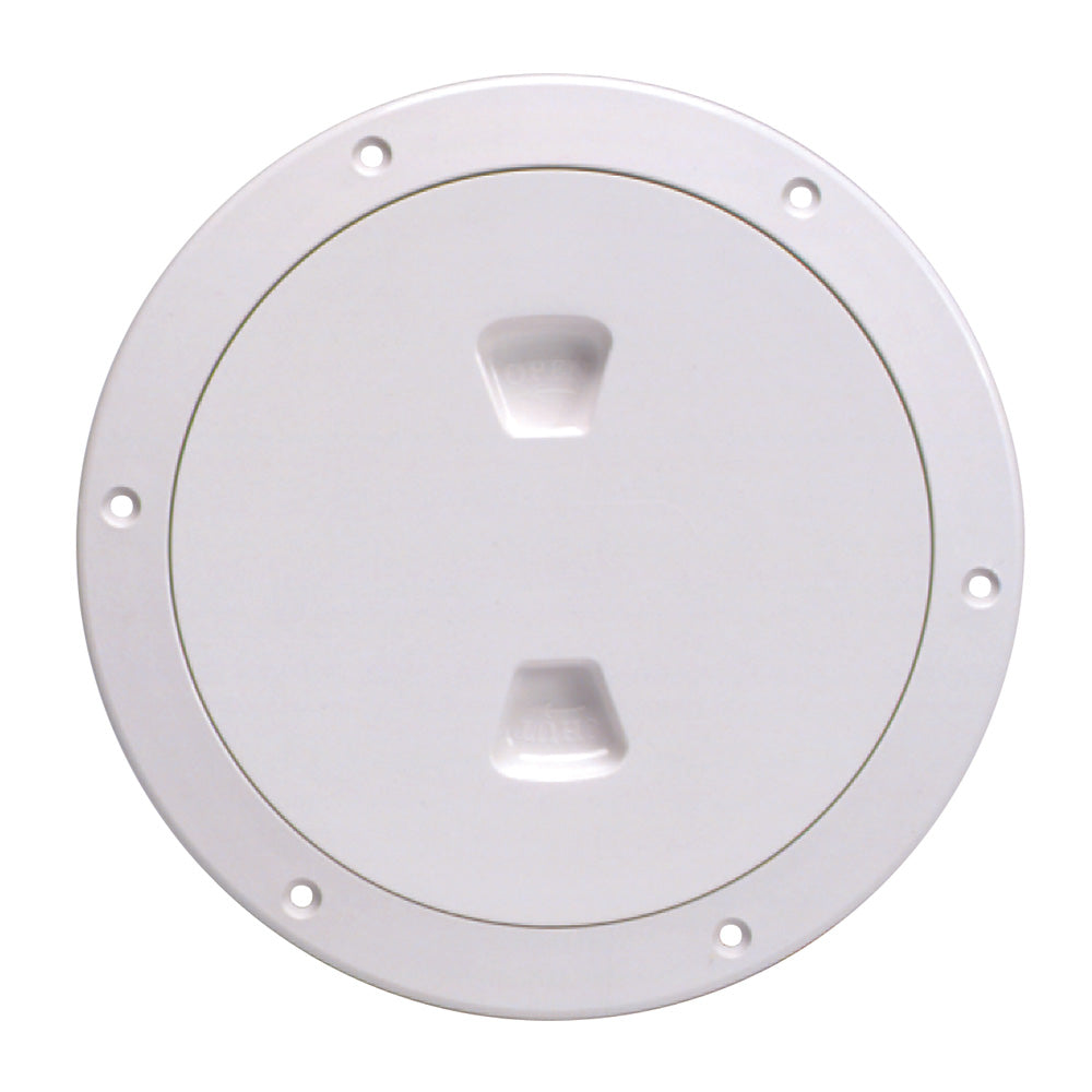 Beckson Marine 6-inch white smooth center screw-out deck plate for boat decks, made of durable marine-grade material.