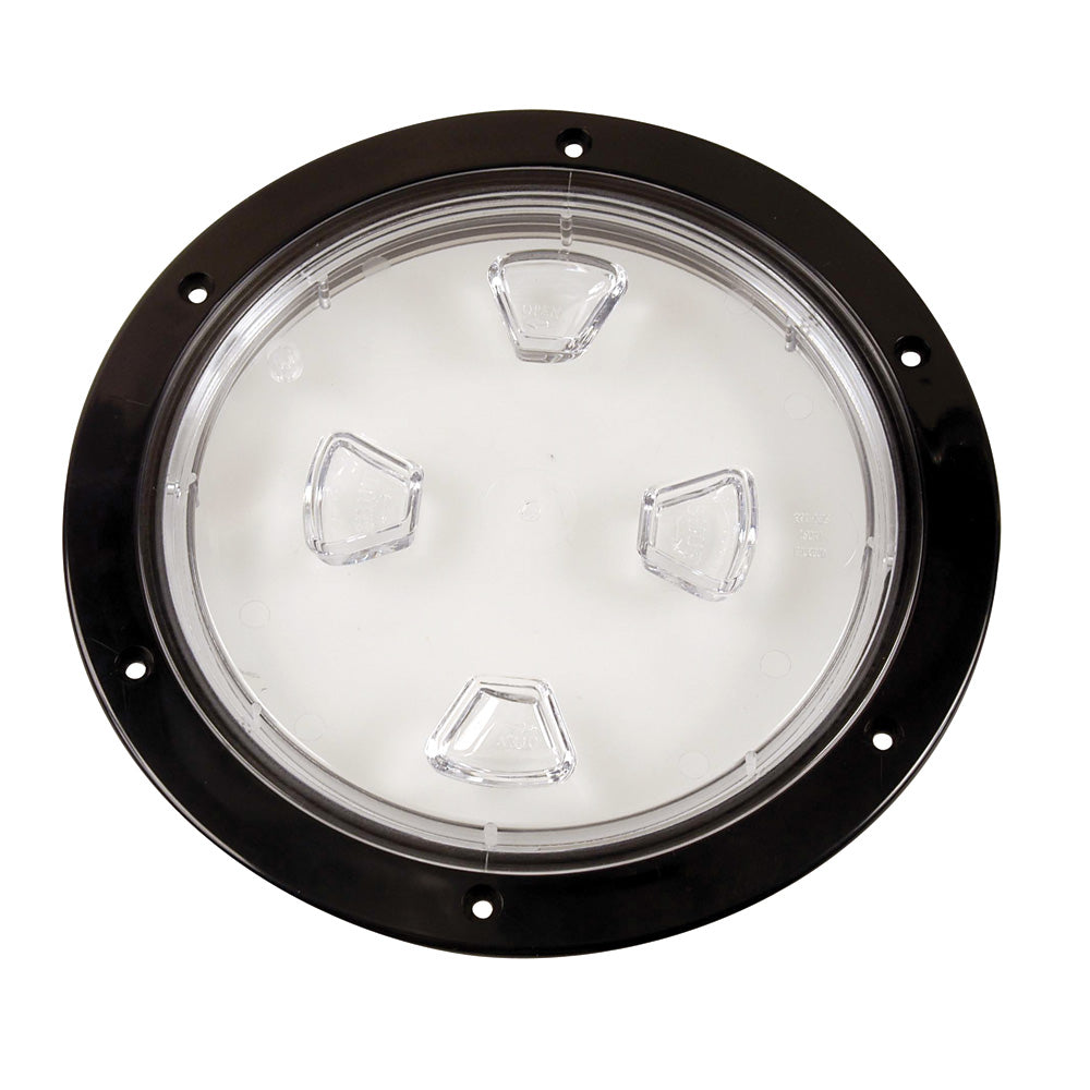 Beckson Marine 8-inch clear center screw-out deck plate in black, durable marine hardware for boat deck installation.