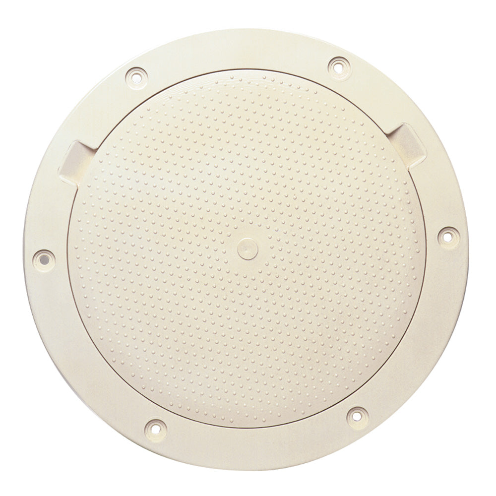 Beckson Marine 8-inch beige non-skid pry-out deck plate showing textured surface and secure latch for marine boat deck.
