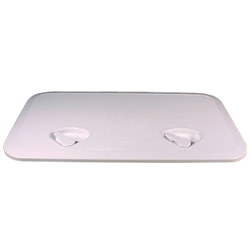 Beckson Marine 14x24-inch white flush hatch made of ASA material with durable acrylonitrile styrene acrylate, on a boat deck.