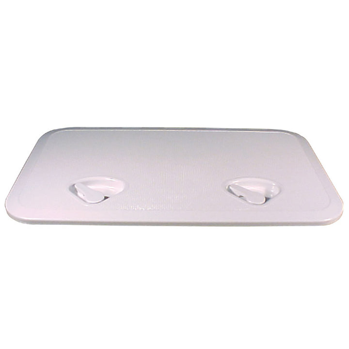 Beckson Marine 14x24-inch white flush hatch made of ASA material with durable acrylonitrile styrene acrylate, on a boat deck.