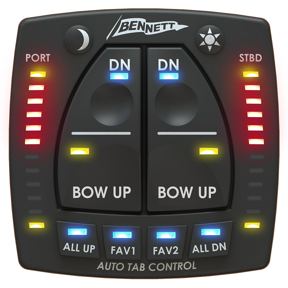 Bennett Marine AutoTrim Pro electric trim tab accessory for boat trim adjustment, shown on a boat with hydraulic trim tabs.