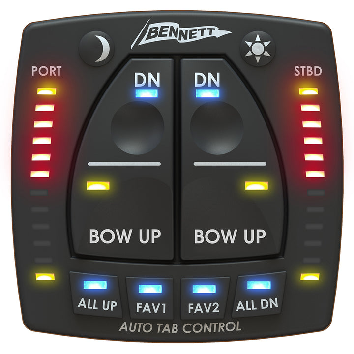 Bennett Marine AutoTrim Pro electric trim tab accessory for boat trim adjustment, shown on a boat with hydraulic trim tabs.