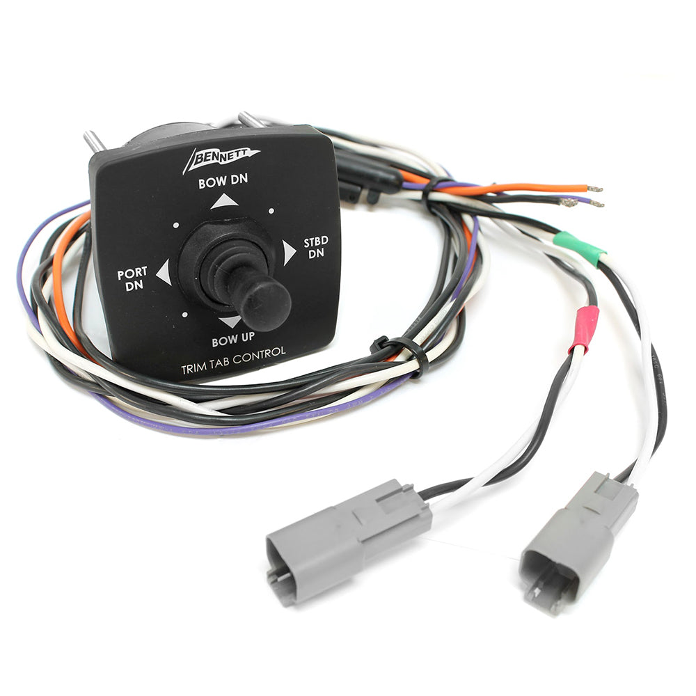 Bennett Marine joystick helm control for electric trim tabs, mounted on boat dashboard with control buttons visible