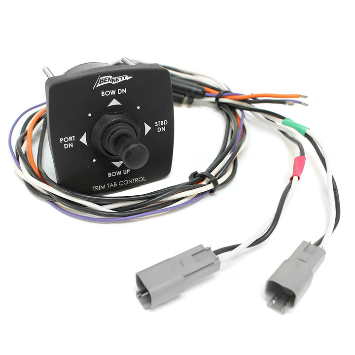 Bennett Marine joystick helm control for electric trim tabs, mounted on boat dashboard with control buttons visible