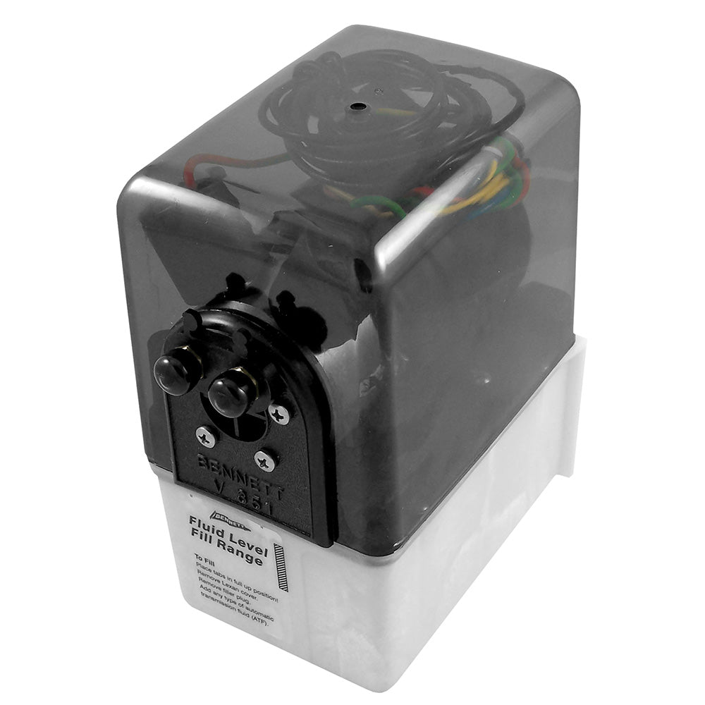 Bennett Marine 12V hydraulic power unit with Deutsch connector, used as a trim tab accessory on boats